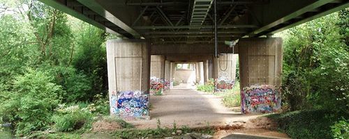 The space under the M4, all graffiti and trees.
